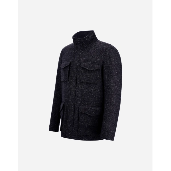 Herno Navy Blue Resort Field Jacket in Bouclé Wool Fabric and Suede-Effect Microfibre | Men's Jackets | Coveti