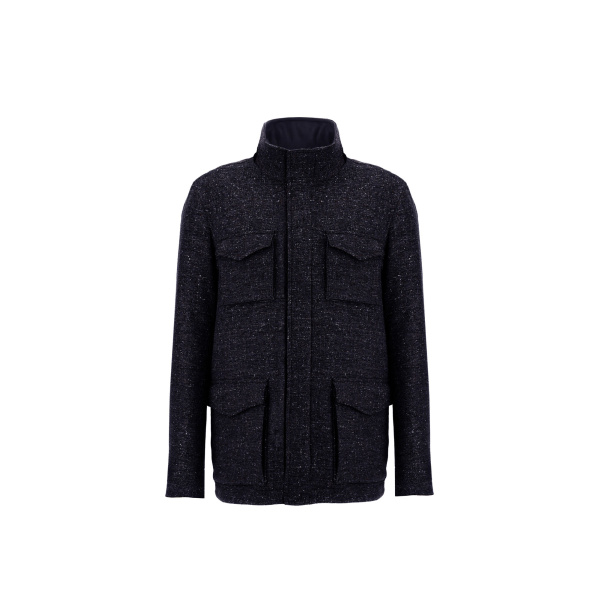 Herno Navy Blue Resort Field Jacket in Bouclé Wool Fabric and Suede-Effect Microfibre | Men's Jackets | Coveti