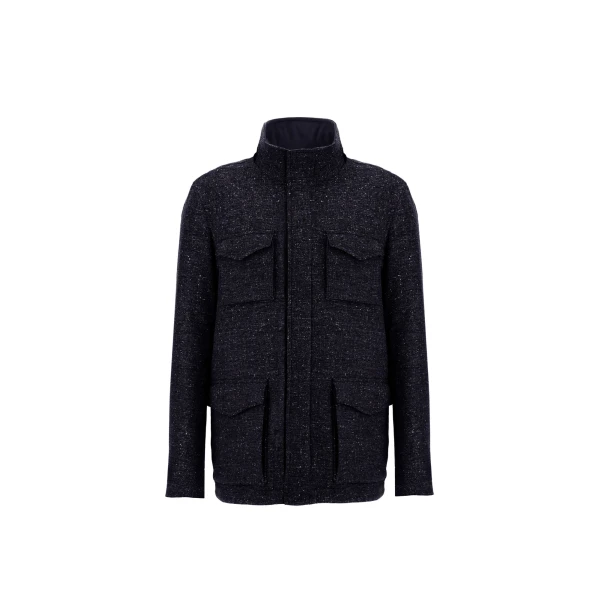 Herno Navy Blue Resort Field Jacket in Bouclé Wool Fabric and Suede-Effect Microfibre | Men's Jackets | Coveti