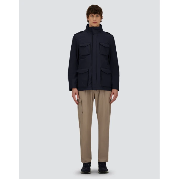 Herno Navy Blue Resort Field Jacket in Bouclé Wool and Technical Stretch Fabric | Men's Jackets | Coveti
