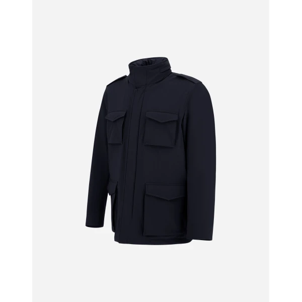 Herno Navy Blue Resort Field Jacket in Bouclé Wool and Technical Stretch Fabric | Men's Jackets | Coveti