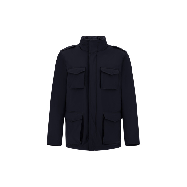 Herno Navy Blue Resort Field Jacket in Bouclé Wool and Technical Stretch Fabric | Men's Jackets | Coveti