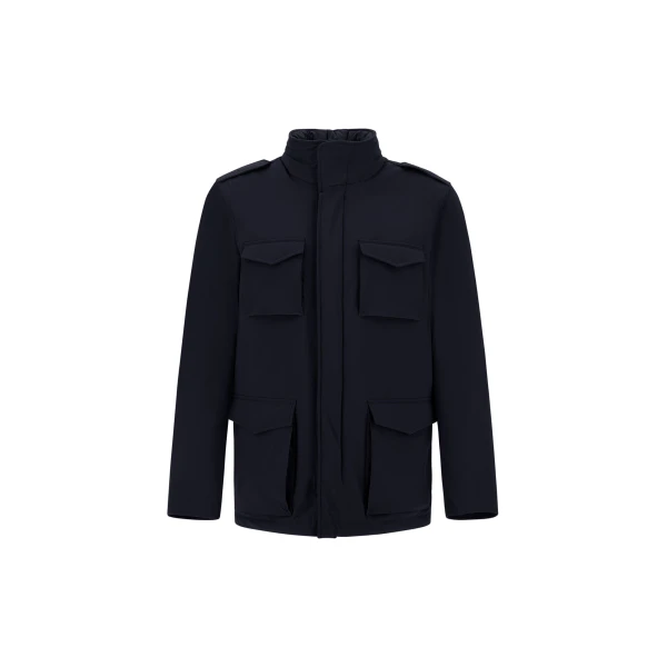 Herno Navy Blue Resort Field Jacket in Bouclé Wool and Technical Stretch Fabric | Men's Jackets | Coveti