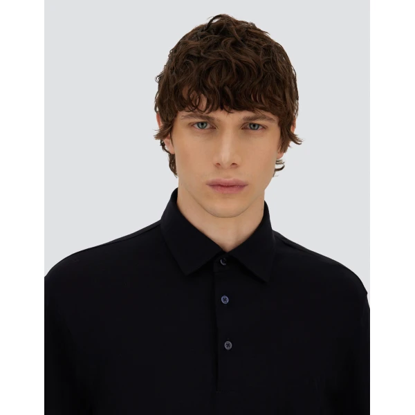 Herno Navy Blue Resort Long-Sleeve Polo Shirt in Wool Jersey with a Shiny Finish | Men's T-Shirts and Polos | Coveti