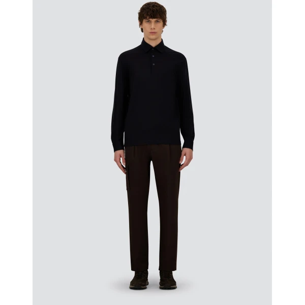 Herno Navy Blue Resort Long-Sleeve Polo Shirt in Wool Jersey with a Shiny Finish | Men's T-Shirts and Polos | Coveti