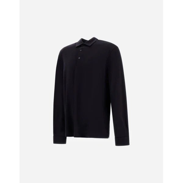 Herno Navy Blue Resort Long-Sleeve Polo Shirt in Wool Jersey with a Shiny Finish | Men's T-Shirts and Polos | Coveti