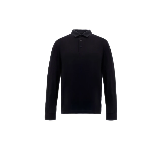 Herno Navy Blue Resort Long-Sleeve Polo Shirt in Wool Jersey with a Shiny Finish | Men's T-Shirts and Polos | Coveti