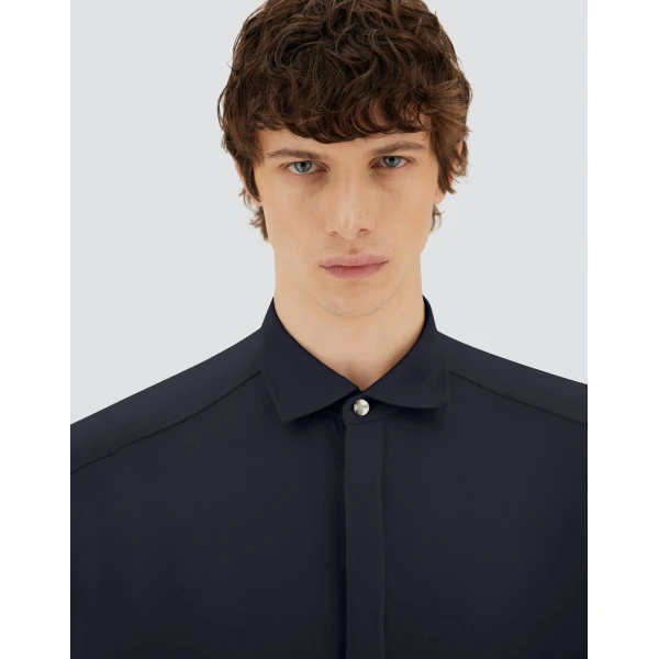 Herno Navy Blue Resort Shirt in Cashmere and Silk | Men's Shirts | Coveti