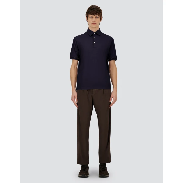 Herno Navy Blue Resort Short-Sleeve Polo Shirt in Wool Jersey with a Shiny Finish | Men's T-Shirts and Polos | Coveti