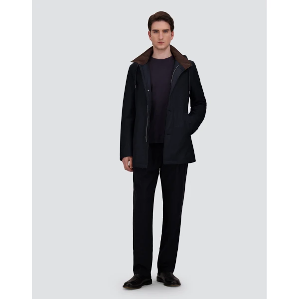 Herno Navy Blue Short Parka in Wool, Silk and Suede Effect | Men's Coats | Coveti