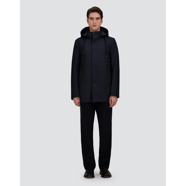 Herno Navy Blue Short Parka in Wool, Silk and Suede Effect | Men's Coats | Coveti