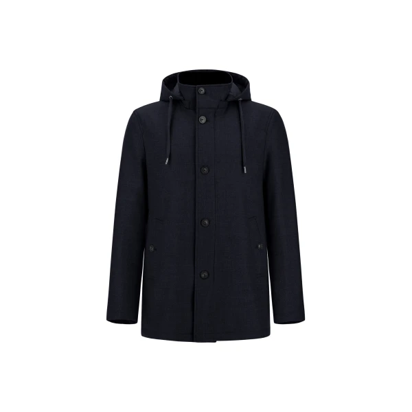Navy Blue Short Parka in Wool, Silk and Suede Effect