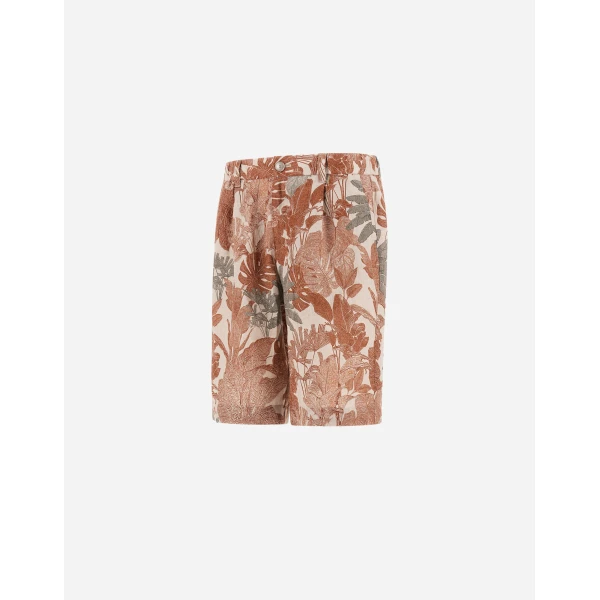 Herno Orange and Military Cargo Shorts in Fade-Effect Linen with Tropical Print | Men's Trousers | Coveti