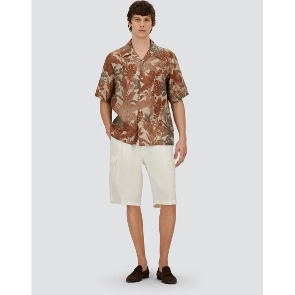 Herno Orange and Military Resort Shirt in Linen with Tropical Print | Men's Shirts | Coveti