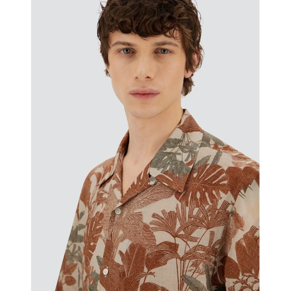 Herno Orange and Military Resort Shirt in Linen with Tropical Print | Men's Shirts | Coveti