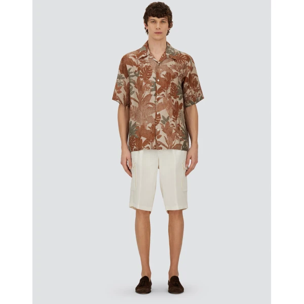 Herno Orange and Military Resort Shirt in Linen with Tropical Print | Men's Shirts | Coveti