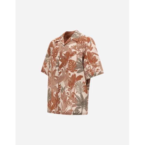 Herno Orange and Military Resort Shirt in Linen with Tropical Print | Men's Shirts | Coveti