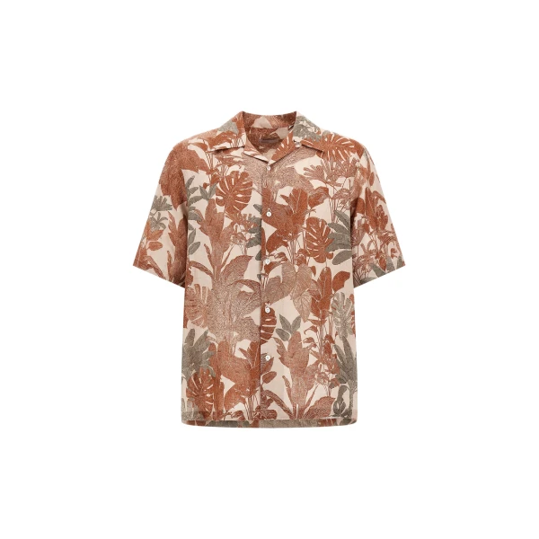 Herno Orange and Military Resort Shirt in Linen with Tropical Print | Men's Shirts | Coveti