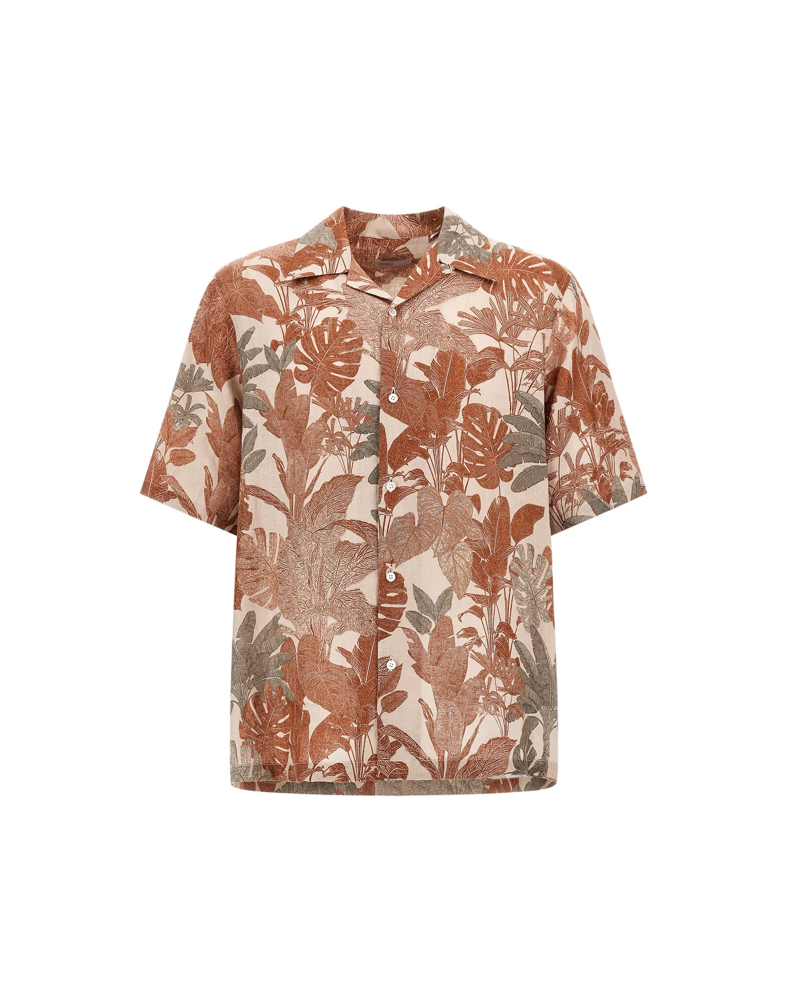Herno Orange and Military Resort Shirt in Linen with Tropical Print Herno Orange and Military Resort Shirt in Linen with Tropical Print | Men's Shirts | Coveti