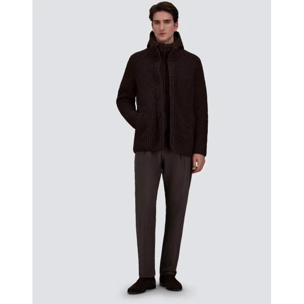Herno Wool Jacket with Raised Texture and Cable-Knit Detailing in Dark Brown | Men's Jackets | Coveti