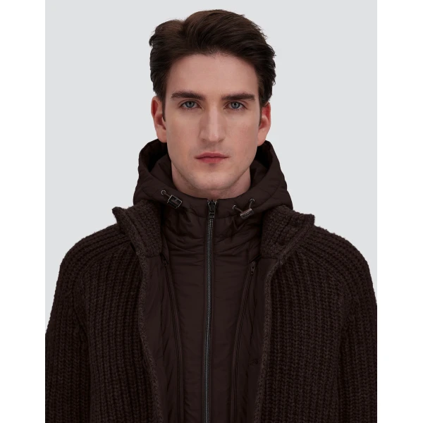 Herno Wool Jacket with Raised Texture and Cable-Knit Detailing in Dark Brown | Men's Jackets | Coveti