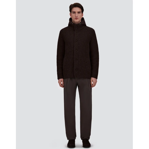 Herno Wool Jacket with Raised Texture and Cable-Knit Detailing in Dark Brown | Men's Jackets | Coveti