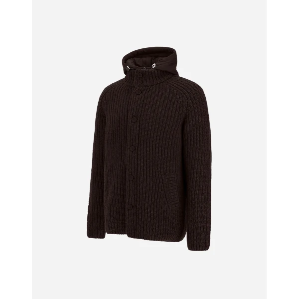 Herno Wool Jacket with Raised Texture and Cable-Knit Detailing in Dark Brown | Men's Jackets | Coveti