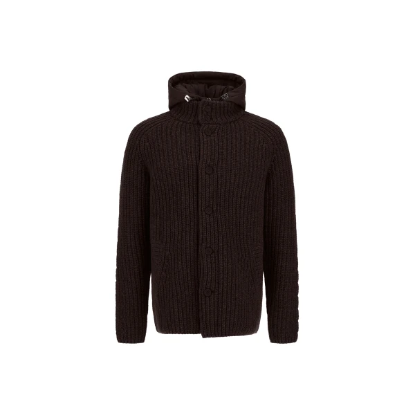 Herno Wool Jacket with Raised Texture and Cable-Knit Detailing in Dark Brown | Men's Jackets | Coveti