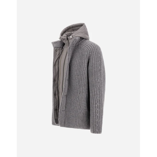Herno Wool Jacket with Raised Texture and Cable-Knit Detailing in Light Grey | Men's Jackets | Coveti