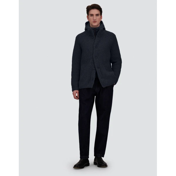 Herno Wool Jacket with Raised Texture and Cable-Knit Detailing in Navy Blue | Men's Jackets | Coveti