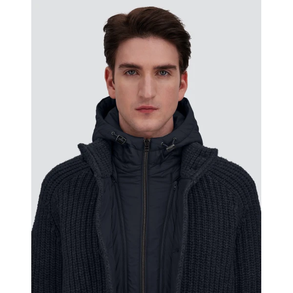 Herno Wool Jacket with Raised Texture and Cable-Knit Detailing in Navy Blue | Men's Jackets | Coveti