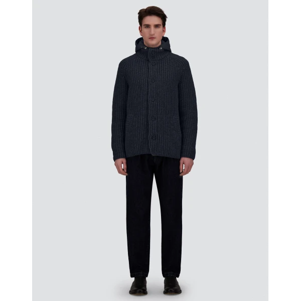 Herno Wool Jacket with Raised Texture and Cable-Knit Detailing in Navy Blue | Men's Jackets | Coveti