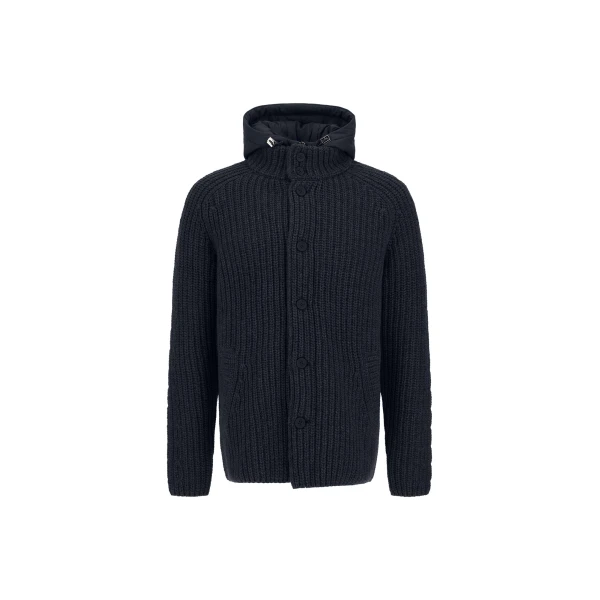 Herno Wool Jacket with Raised Texture and Cable-Knit Detailing in Navy Blue | Men's Jackets | Coveti