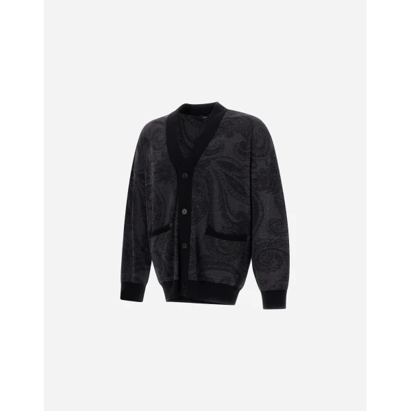Herno Wool Jacquard Cardigan with Paisley Motif in Black | Men's Knitwear | Coveti