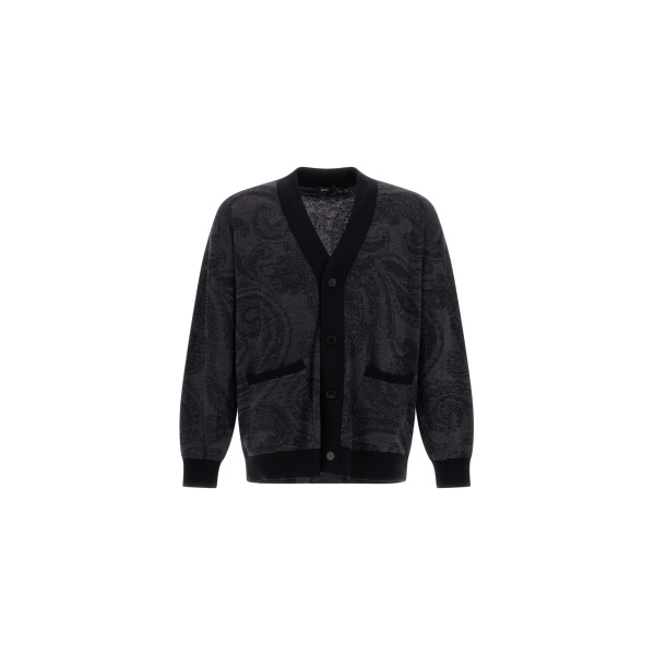 Herno Wool Jacquard Cardigan with Paisley Motif in Black | Men's Knitwear | Coveti