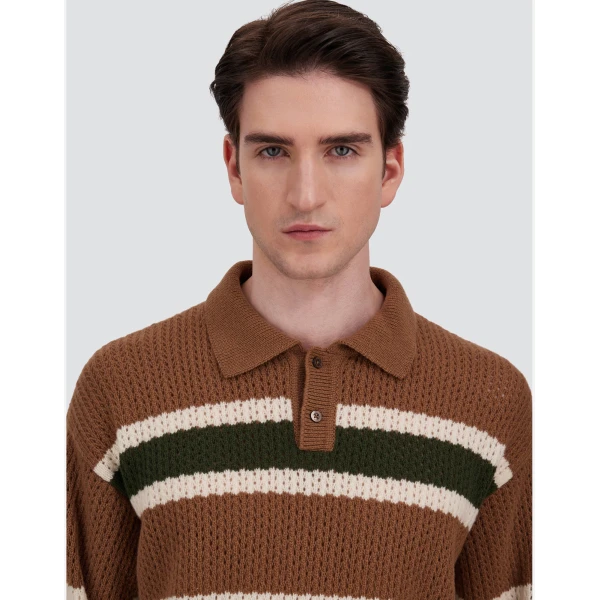 Herno Wool Polo Shirt with Openwork Knit in Copper | Men's T-Shirts and Polos | Coveti