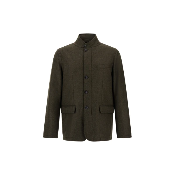 Wool, Silk and Suede Effect Jacket in Light Military