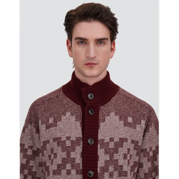 Herno Wool and Cashmere Cardigan with Norwegian Pattern in Bordeaux | Men's Knitwear | Coveti