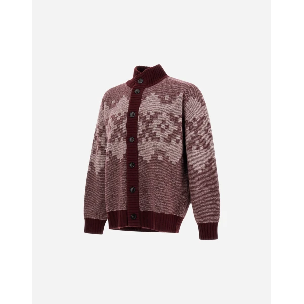 Herno Wool and Cashmere Cardigan with Norwegian Pattern in Bordeaux | Men's Knitwear | Coveti