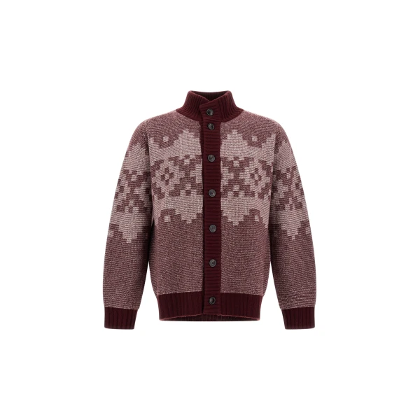 Herno Wool and Cashmere Cardigan with Norwegian Pattern in Bordeaux | Men's Knitwear | Coveti