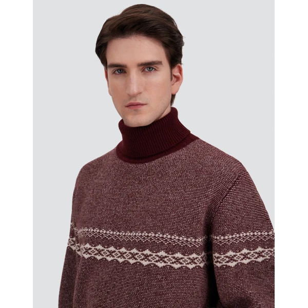 Herno Wool and Cashmere Roll-Neck Jumper with Norwegian Pattern in Bordeaux | Men's Knitwear | Coveti