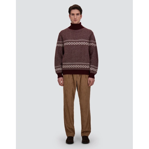 Herno Wool and Cashmere Roll-Neck Jumper with Norwegian Pattern in Bordeaux | Men's Knitwear | Coveti