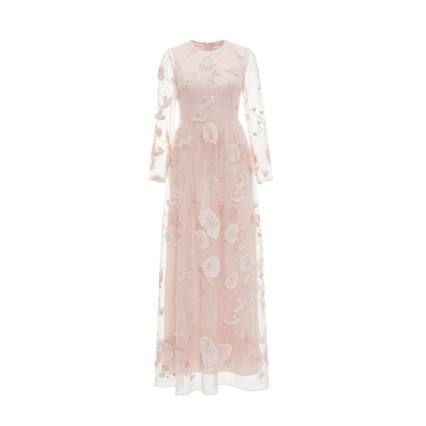 Delphi Gown in Pink Flower Embroidered Organza