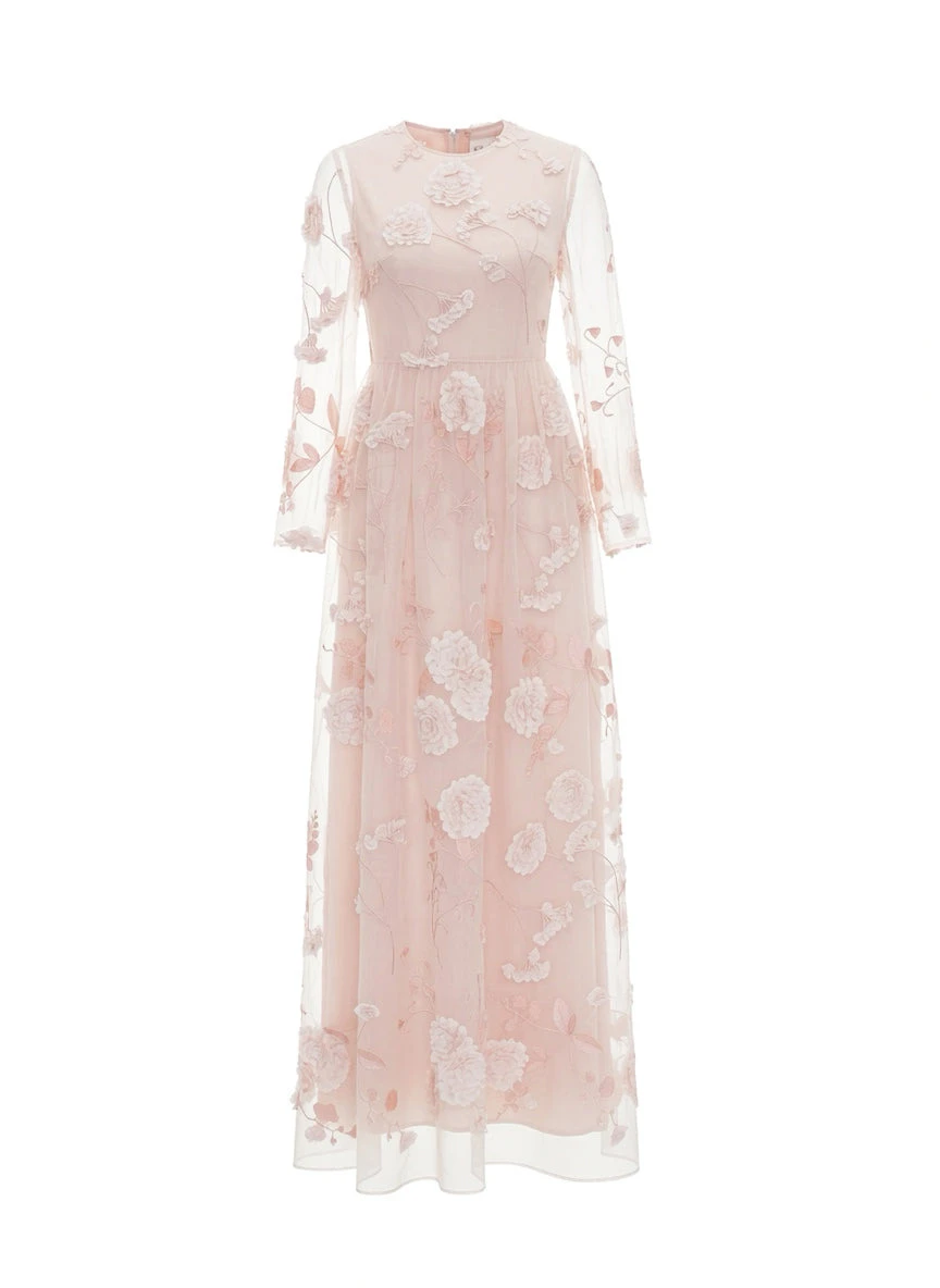 Delphi Gown in Pink Flower Embroidered Organza