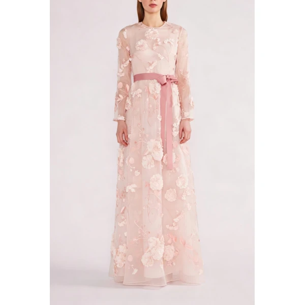 Huishan Zhang Delphi Gown in Pink Flower Embroidered Organza | Evening Gowns | Coveti