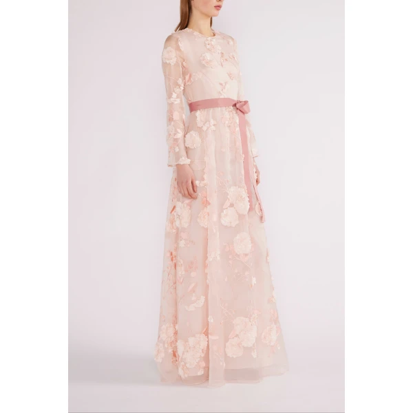 Huishan Zhang Delphi Gown in Pink Flower Embroidered Organza | Evening Gowns | Coveti