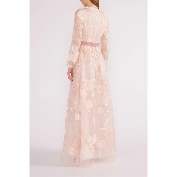 Huishan Zhang Delphi Gown in Pink Flower Embroidered Organza | Evening Gowns | Coveti