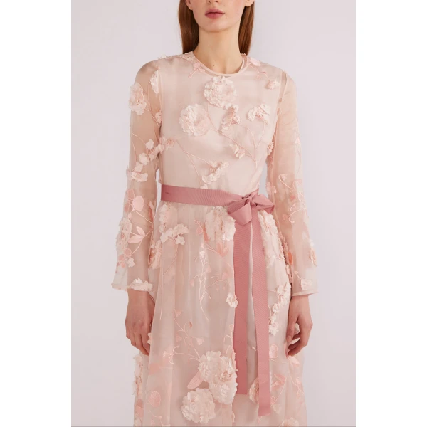 Huishan Zhang Delphi Gown in Pink Flower Embroidered Organza | Evening Gowns | Coveti