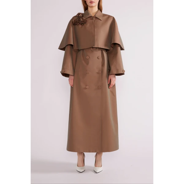Huishan Zhang Eden Coat in Brown Embroidered Cotton Trench | Trench Coat | Coveti