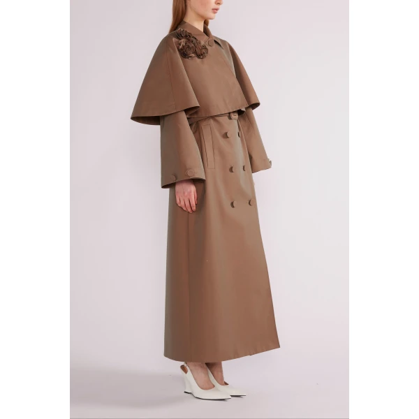 Huishan Zhang Eden Coat in Brown Embroidered Cotton Trench | Trench Coat | Coveti